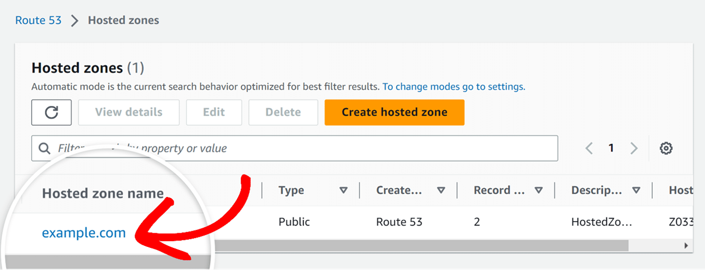Click domain Amazon Route 53 Click on domain in Amazon Route 53