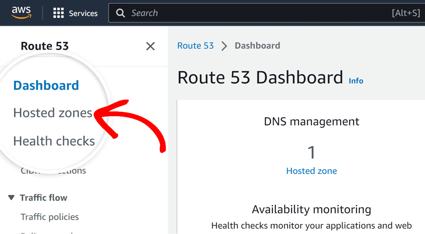 Amazon Route 53 dashboard Click Hosted zones from Amazon Route 53 dashboard
