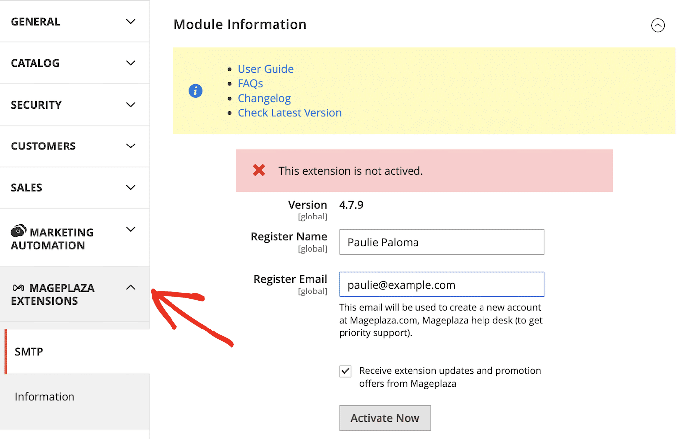 Activate SMTP Extension