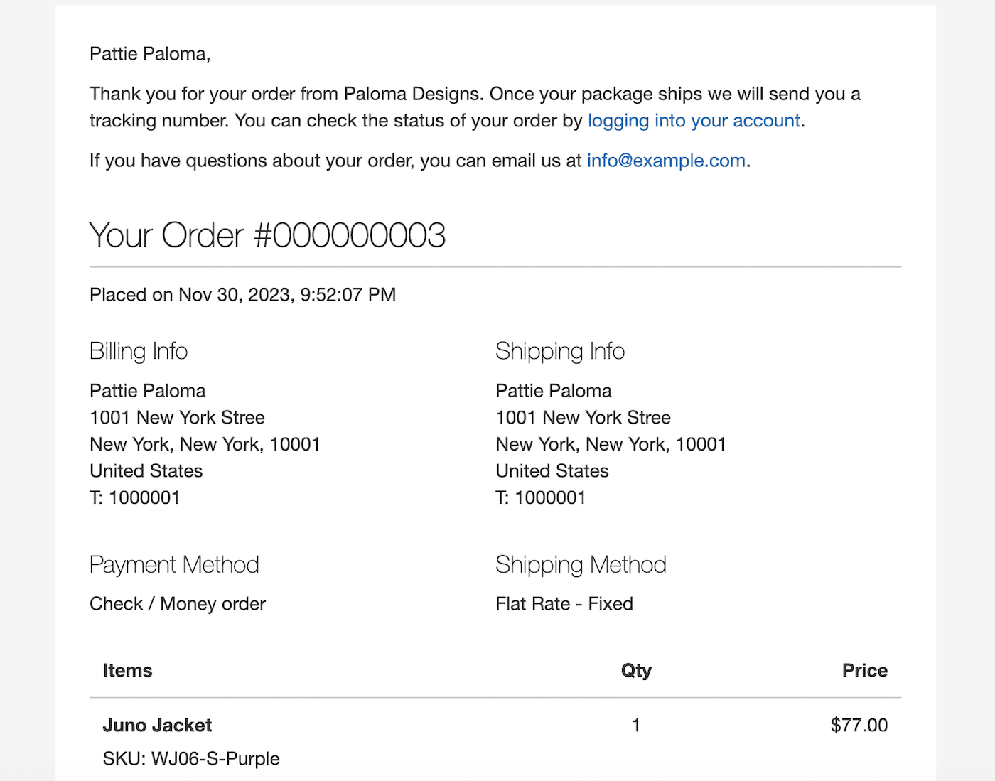 Basic Order Confirmation Email