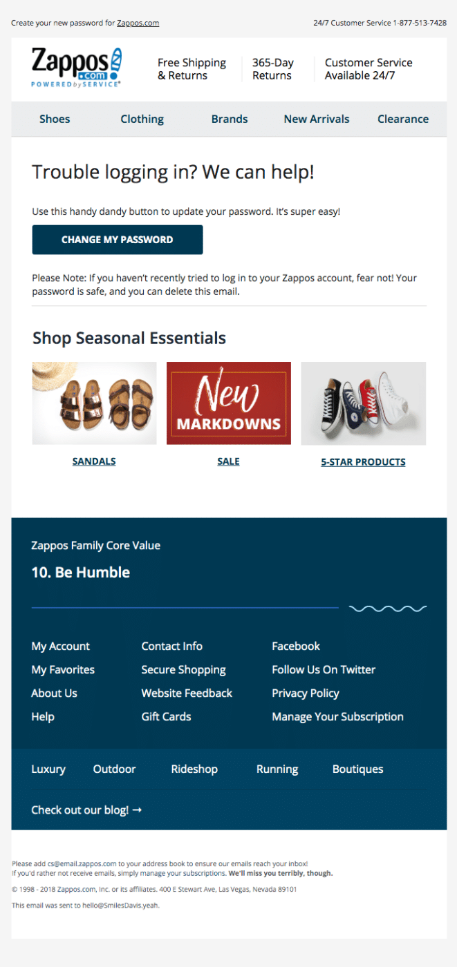 Zappos password reset email