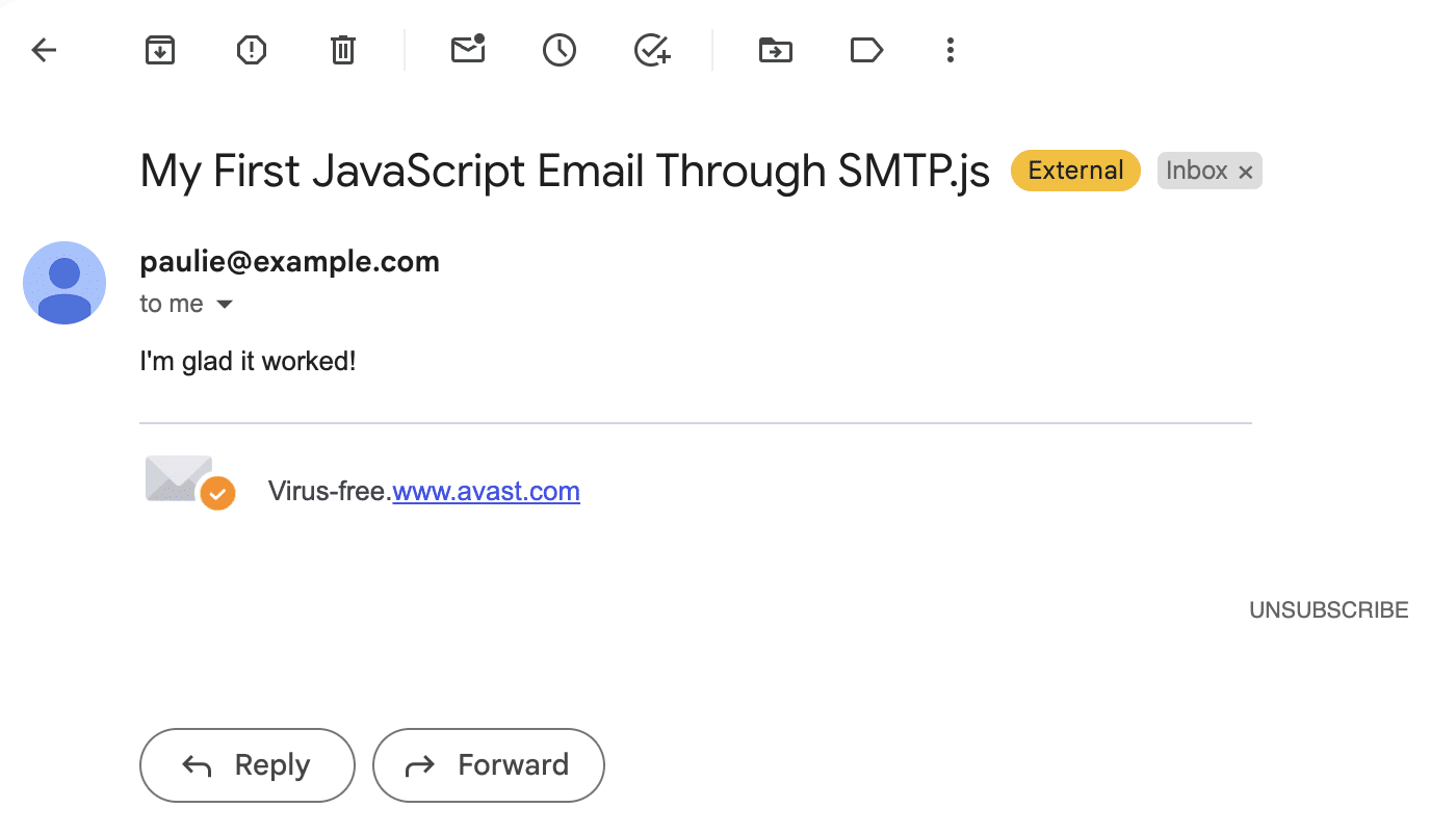 Test email sent with JavaScript and SMTP.js