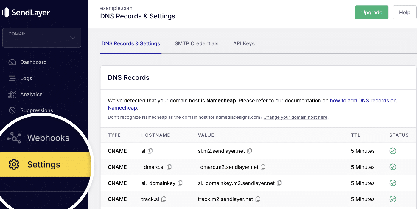 SendLayer settings page
