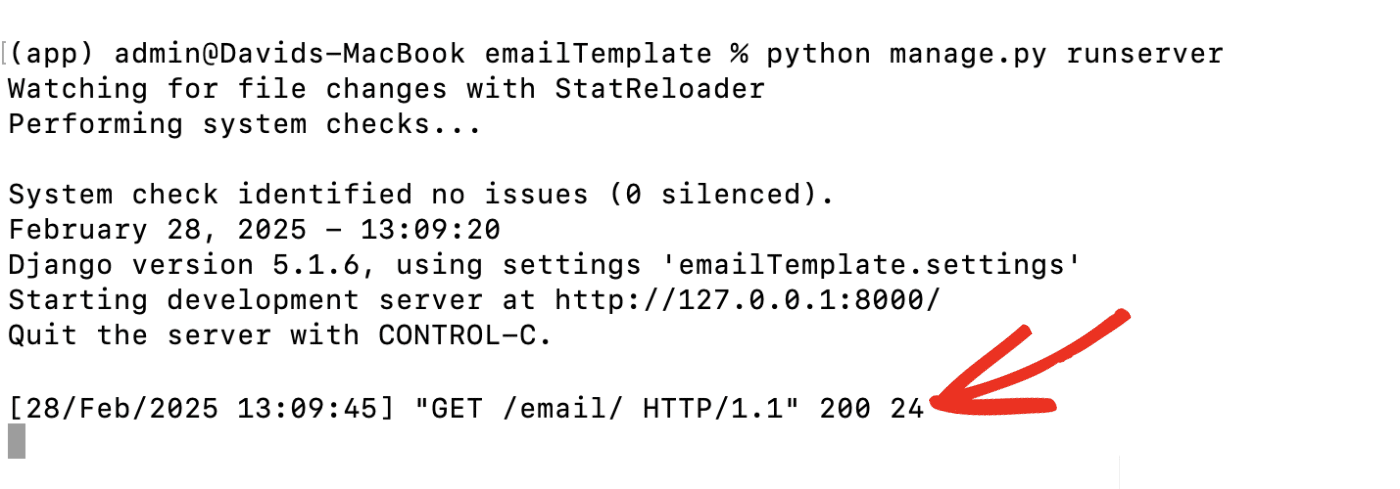Send email with Django console response