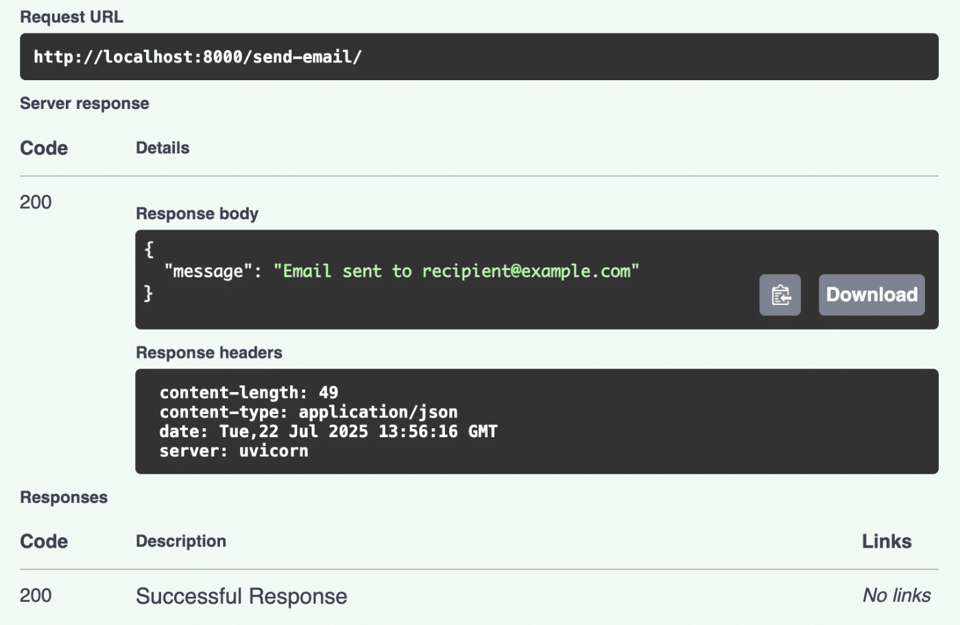 Email success response