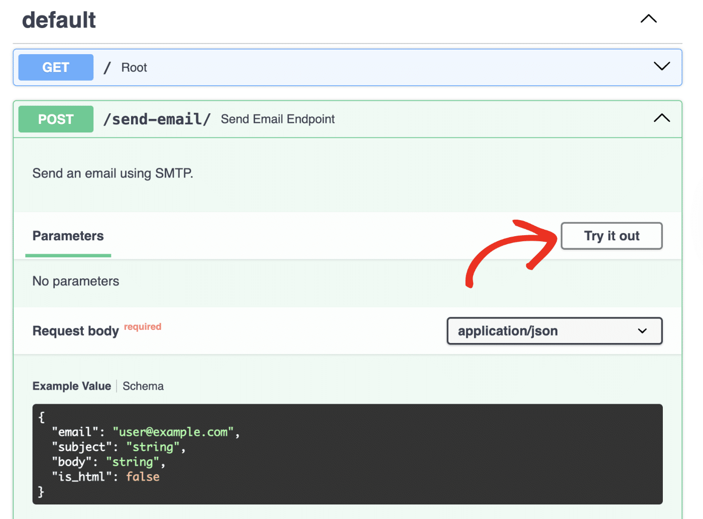 Click Try it out to send a test email in FastAPI