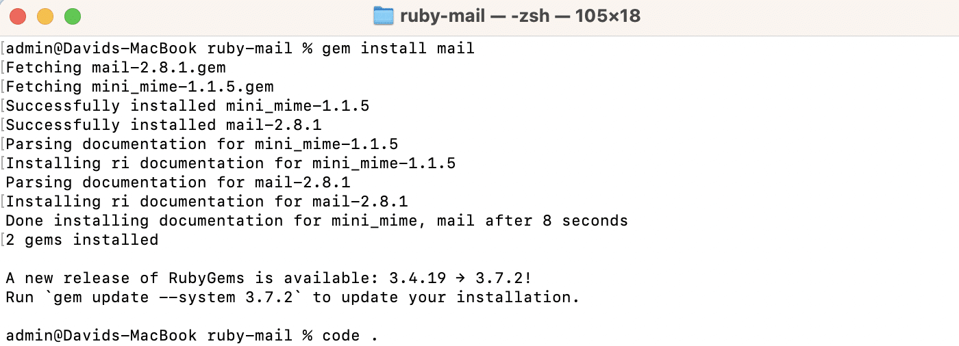 Ruby Mail gem installation in terminal