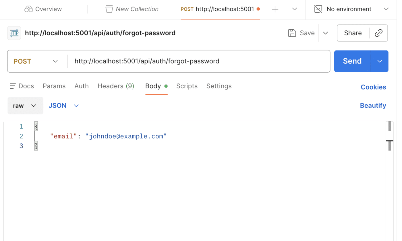 Testing Node.js password reset flow in Postman
